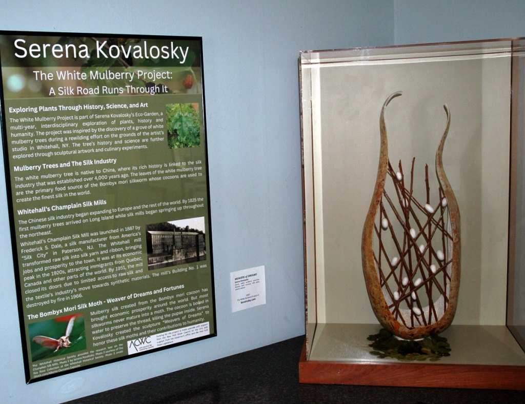 Exhibit of Serena Kovalosky's "Weavers of Dreams" sculpture at the Whitehall Free Library.